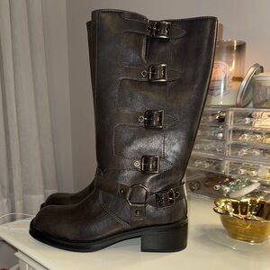 Brown Leather Moto Buckle Boots